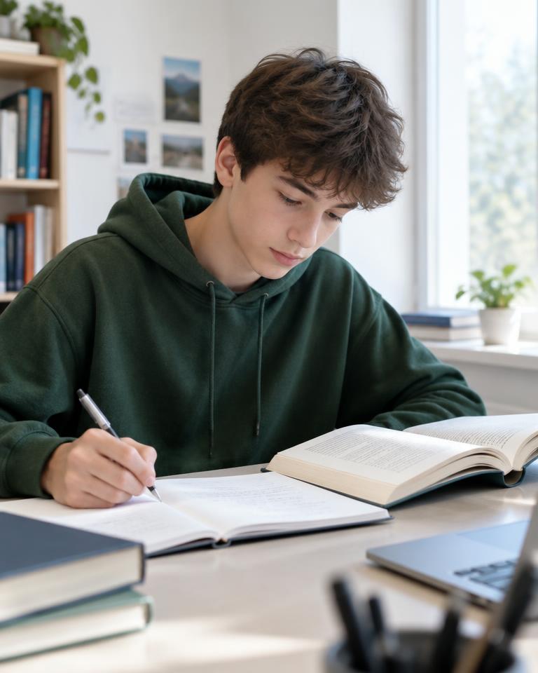 Student reading a book and writing notes