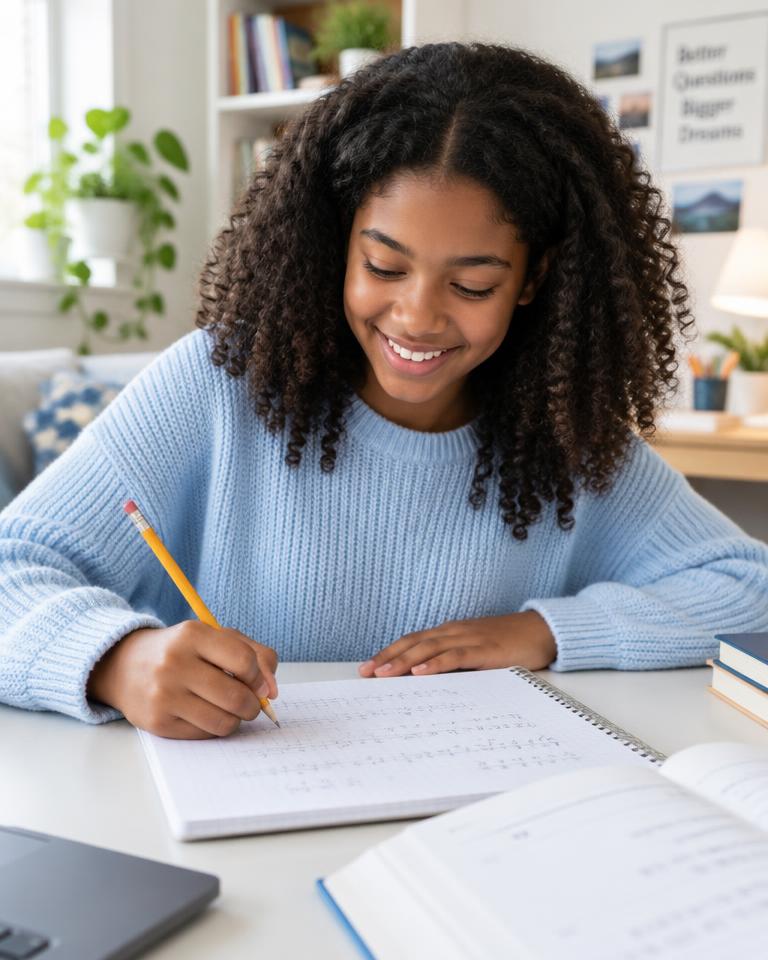 Student solving math problems in a notebook